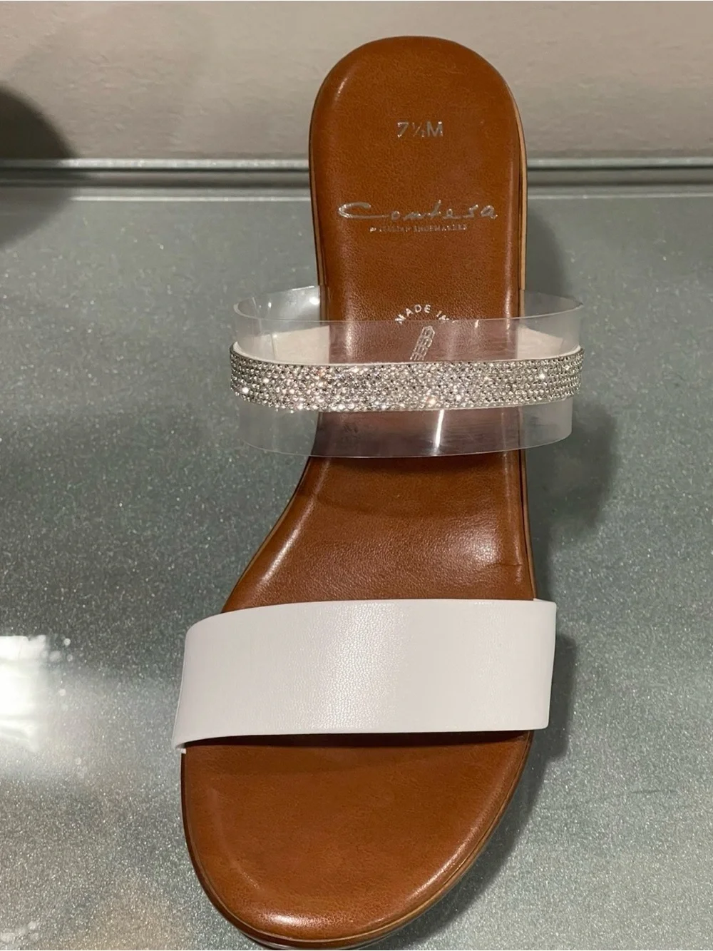 Clear Rhinestone and White Strap Brown Wedge Sandals